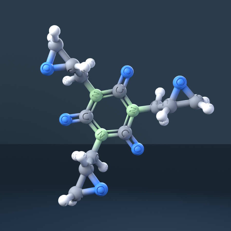 Triglycidyl isocyanurate (CAS 2451-62-9), C12H15N3O6 - 3D ball-and-stick molecular model, engraved element symbols (C H N O), MolGod STL preview Triglycidyl isocyanurate (CAS 2451-62-9), C12H15N3O6 - 3D ball-and-stick molecular model, engraved element symbols (C H N O), MolGod STL preview