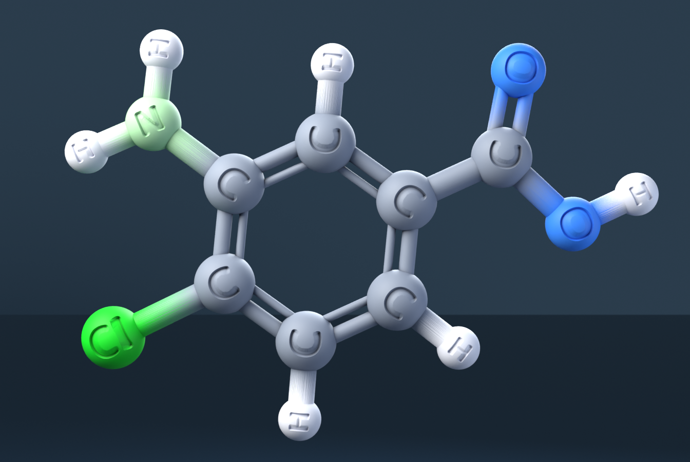 3-Amino-4-chlorobenzoic acid (CAS 2840-28-0), C7H6ClNO2 - 3D ball-and-stick molecular model, engraved element symbols (C H Cl N O), MolGod STL preview 3-Amino-4-chlorobenzoic acid (CAS 2840-28-0), C7H6ClNO2 - 3D ball-and-stick molecular model, engraved element symbols (C H Cl N O), MolGod STL preview