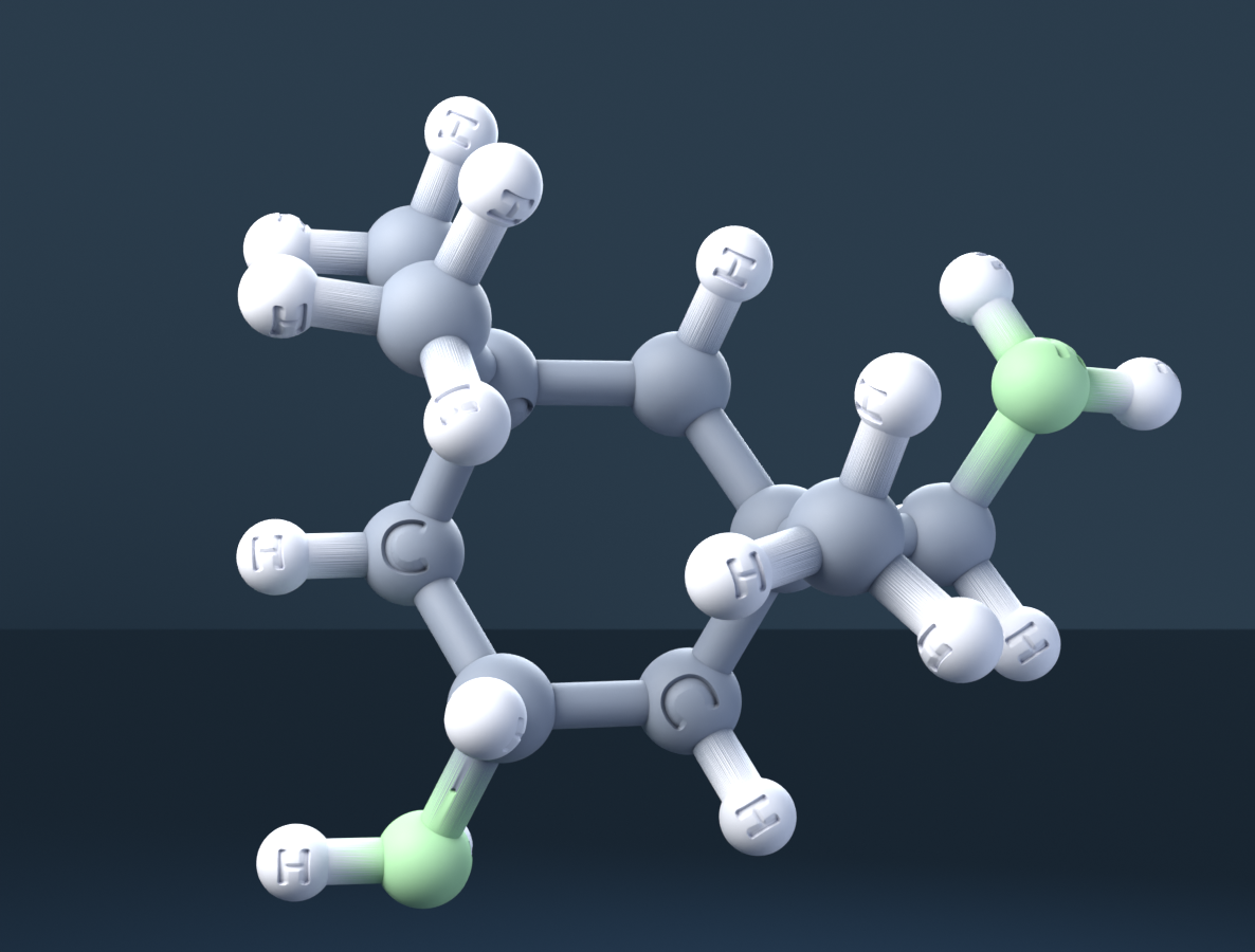 Isophorone diamine (CAS 2855-13-2), C10H22N2 - 3D ball-and-stick molecular model, engraved element symbols (C H N), MolGod STL preview Isophorone diamine (CAS 2855-13-2), C10H22N2 - 3D ball-and-stick molecular model, engraved element symbols (C H N), MolGod STL preview