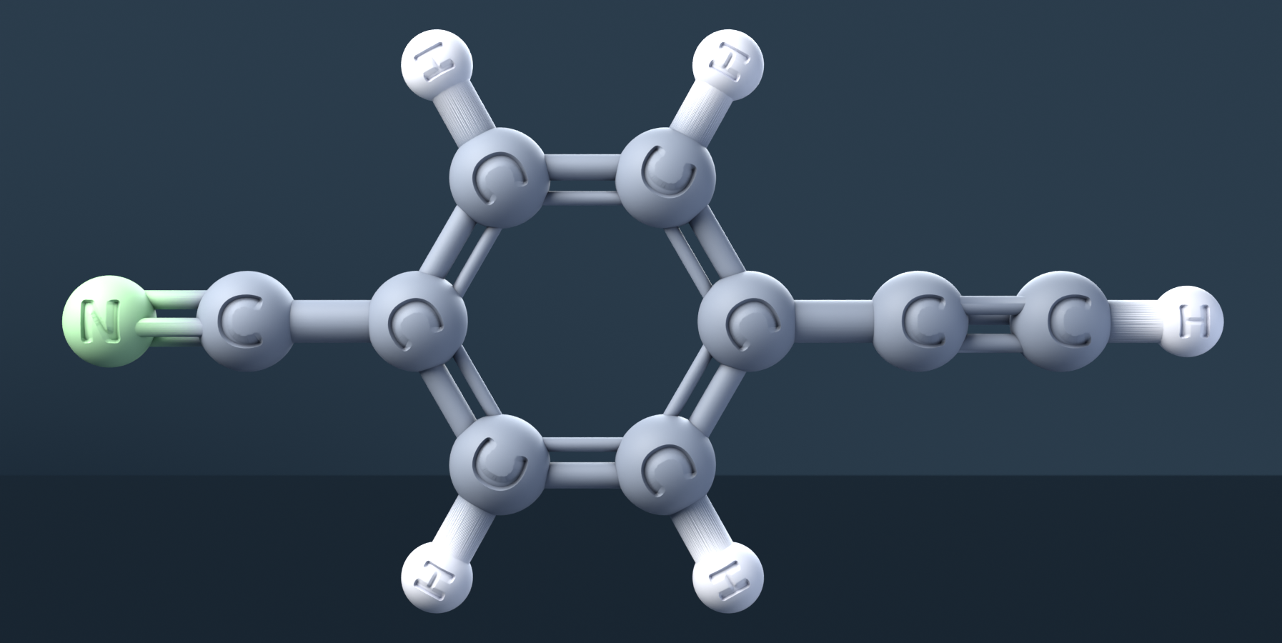 4-Ethynylbenzonitrile (CAS 3032-92-6), C9H5N - 3D ball-and-stick molecular model, engraved element symbols (C H N), MolGod STL preview 4-Ethynylbenzonitrile (CAS 3032-92-6), C9H5N - 3D ball-and-stick molecular model, engraved element symbols (C H N), MolGod STL preview