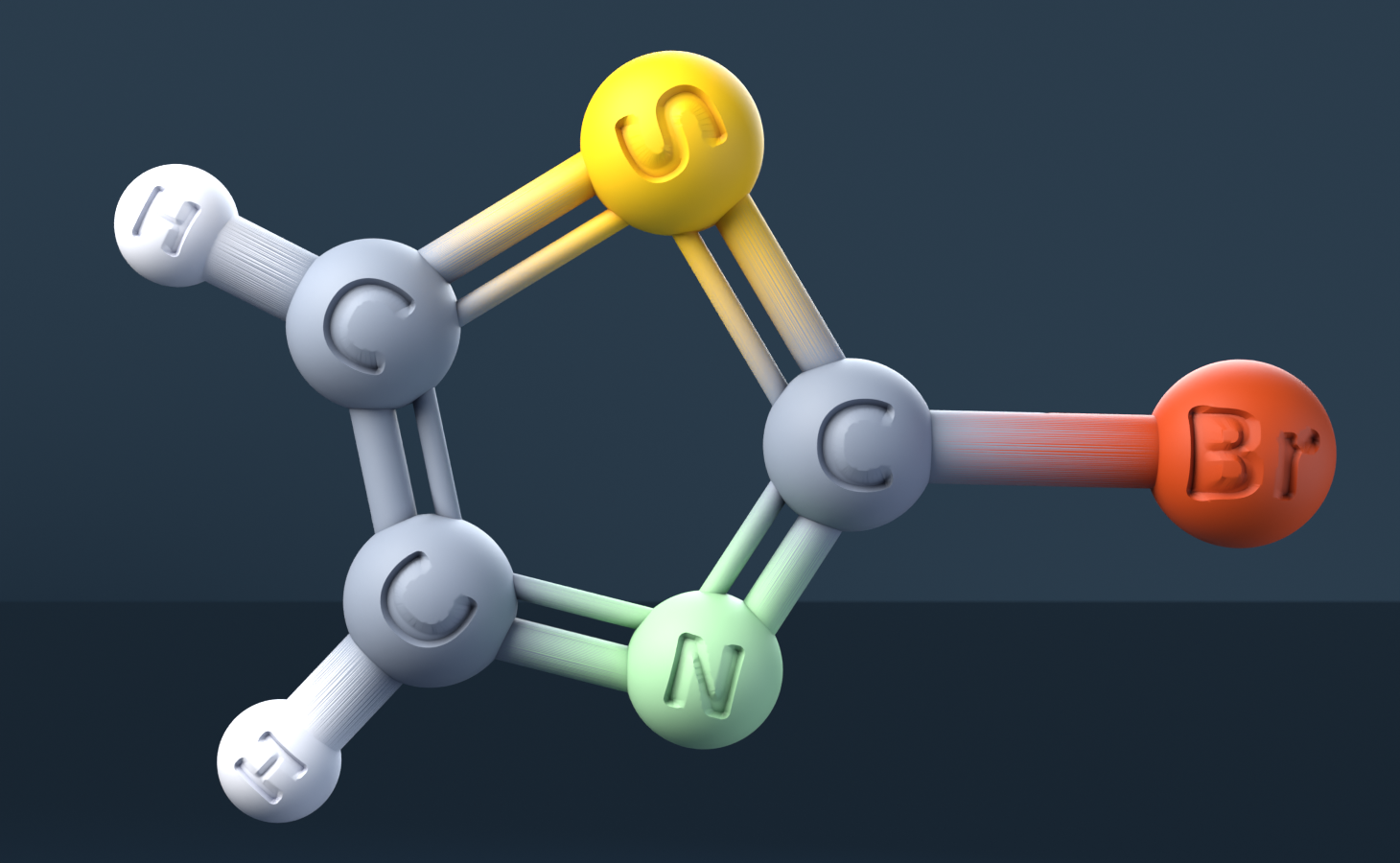 2-Bromothiazole (CAS 3034-53-5), C3H2BrNS - 3D ball-and-stick molecular model, engraved element symbols (C H Br N S), MolGod STL preview 2-Bromothiazole (CAS 3034-53-5), C3H2BrNS - 3D ball-and-stick molecular model, engraved element symbols (C H Br N S), MolGod STL preview