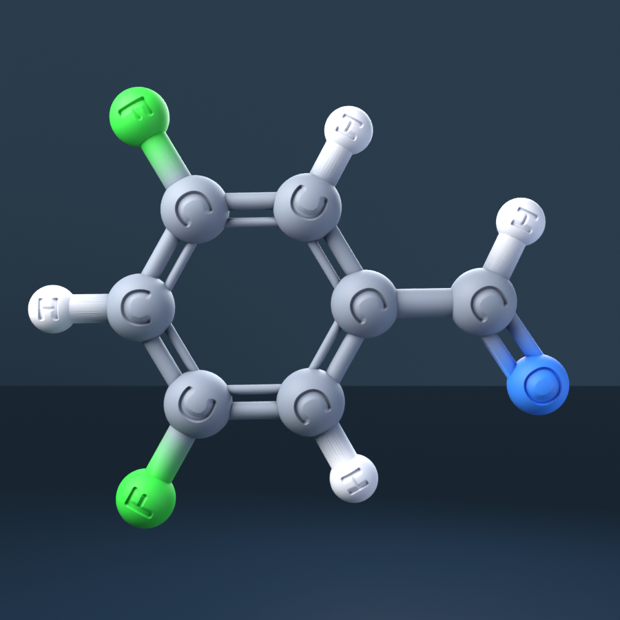 3,5-Difluorobenzaldehyde (CAS 32085-88-4), C7H4F2O - 3D ball-and-stick molecular model, engraved element symbols (C H F O), MolGod STL preview 3,5-Difluorobenzaldehyde (CAS 32085-88-4), C7H4F2O - 3D ball-and-stick molecular model, engraved element symbols (C H F O), MolGod STL preview