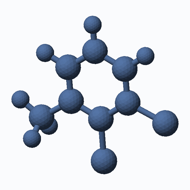 Benzene, 1,2-dichloro-3-methyl- (CAS 32768-54-0), C7H6Cl2 - 3D ball-and-stick molecular model, MolGod STL preview Benzene, 1,2-dichloro-3-methyl- (CAS 32768-54-0), C7H6Cl2 - 3D ball-and-stick molecular model, MolGod STL preview