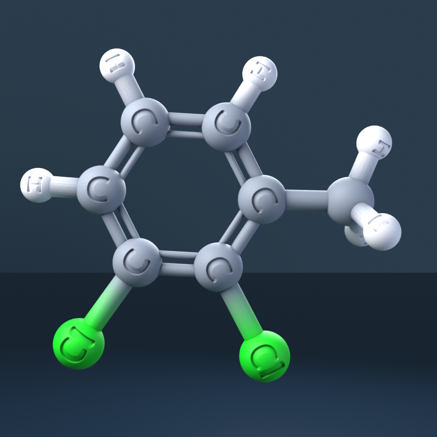 Benzene, 1,2-dichloro-3-methyl- (CAS 32768-54-0), C7H6Cl2 - 3D ball-and-stick molecular model, engraved element symbols (C H Cl), MolGod STL preview Benzene, 1,2-dichloro-3-methyl- (CAS 32768-54-0), C7H6Cl2 - 3D ball-and-stick molecular model, engraved element symbols (C H Cl), MolGod STL preview