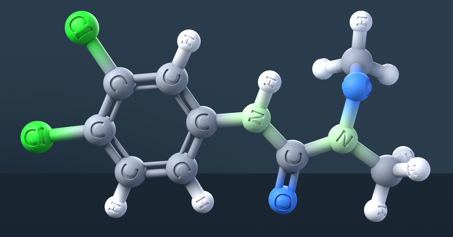 Linuron (CAS 330-55-2), C9H10Cl2N2O2 - 3D ball-and-stick molecular model, engraved element symbols (C H Cl N O), MolGod STL preview Linuron (CAS 330-55-2), C9H10Cl2N2O2 - 3D ball-and-stick molecular model, engraved element symbols (C H Cl N O), MolGod STL preview