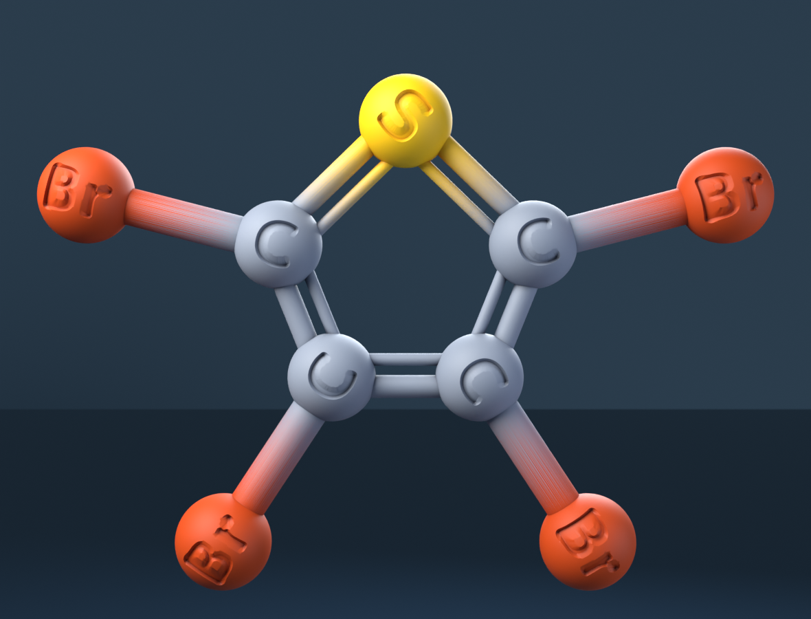 Tetrabromothiophene (CAS 3958-03-0), C4Br4S - 3D ball-and-stick molecular model, engraved element symbols (C Br S), MolGod STL preview Tetrabromothiophene (CAS 3958-03-0), C4Br4S - 3D ball-and-stick molecular model, engraved element symbols (C Br S), MolGod STL preview