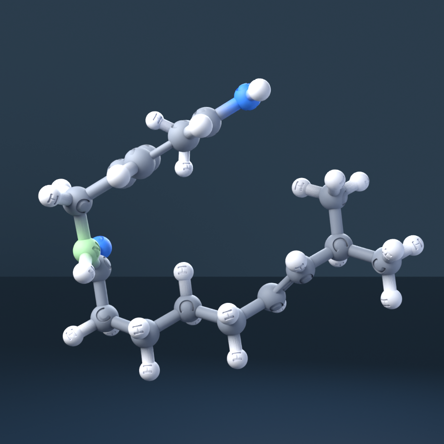 Capsaicin (CAS 404-86-4), C18H27NO3 - 3D ball-and-stick molecular model, engraved element symbols (C H N O), MolGod STL preview Capsaicin (CAS 404-86-4), C18H27NO3 - 3D ball-and-stick molecular model, engraved element symbols (C H N O), MolGod STL preview