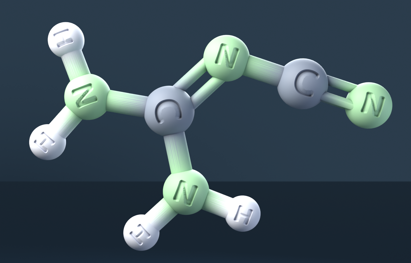 Dicyandiamide (CAS 461-58-5), C2H4N4 - 3D ball-and-stick molecular model, engraved element symbols (C H N), MolGod STL preview Dicyandiamide (CAS 461-58-5), C2H4N4 - 3D ball-and-stick molecular model, engraved element symbols (C H N), MolGod STL preview
