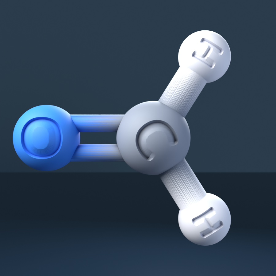 formaldehyde (CAS 50-00-0), CH2O - 3D ball-and-stick molecular model, engraved element symbols (C H O), MolGod STL preview formaldehyde (CAS 50-00-0), CH2O - 3D ball-and-stick molecular model, engraved element symbols (C H O), MolGod STL preview