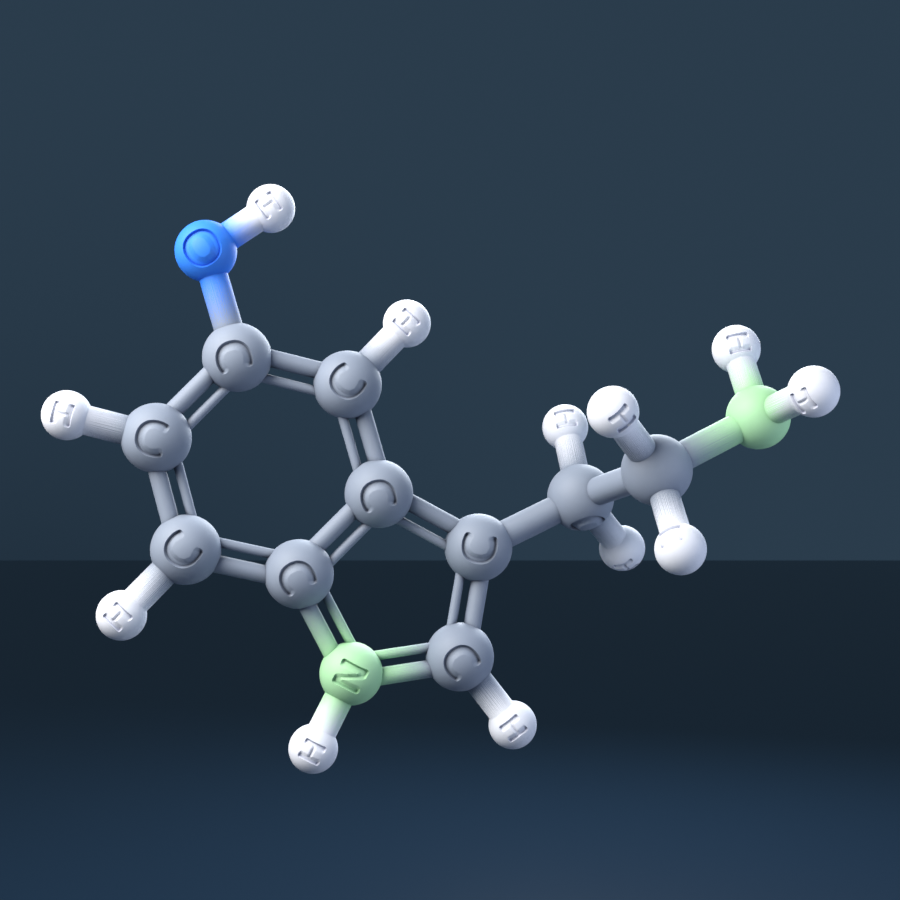 serotonin (CAS 50-67-9), C10H12N2O - 3D ball-and-stick molecular model, engraved element symbols (C H N O), MolGod STL preview serotonin (CAS 50-67-9), C10H12N2O - 3D ball-and-stick molecular model, engraved element symbols (C H N O), MolGod STL preview