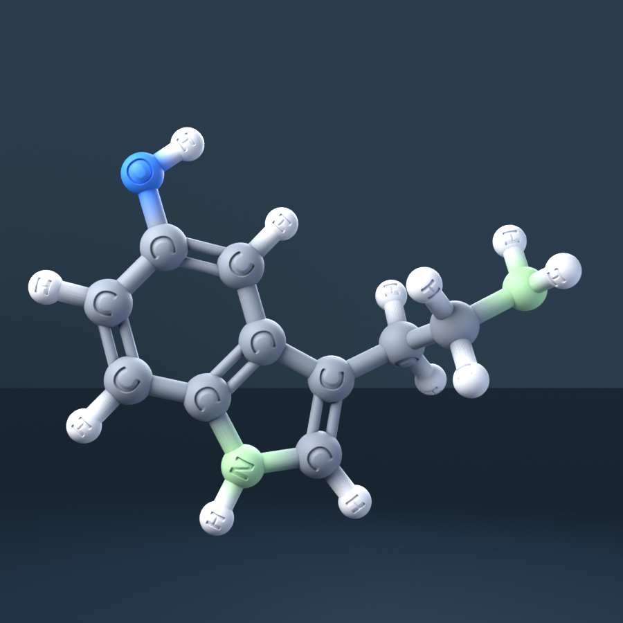 serotonin (CAS 50-67-9), C10H12N2O - 3D ball-and-stick molecular model, engraved element symbols (C H N O), MolGod STL preview serotonin (CAS 50-67-9), C10H12N2O - 3D ball-and-stick molecular model, engraved element symbols (C H N O), MolGod STL preview