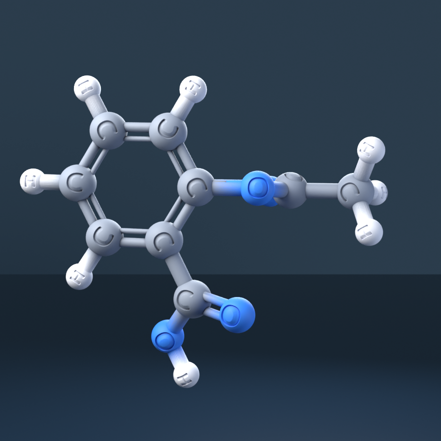 Aspirin (CAS 50-78-2), C9H8O4 - 3D ball-and-stick molecular model, engraved element symbols (C H O), MolGod STL preview Aspirin (CAS 50-78-2), C9H8O4 - 3D ball-and-stick molecular model, engraved element symbols (C H O), MolGod STL preview
