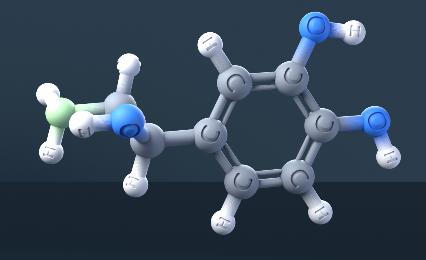Norepinephrine (CAS 51-41-2), C8H11NO3 - 3D ball-and-stick molecular model, engraved element symbols (C H N O), MolGod STL preview Norepinephrine (CAS 51-41-2), C8H11NO3 - 3D ball-and-stick molecular model, engraved element symbols (C H N O), MolGod STL preview