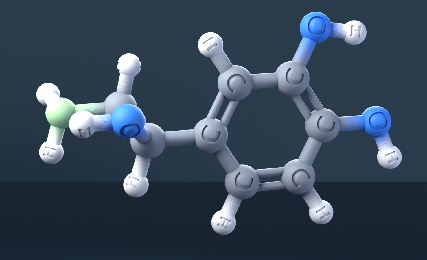Norepinephrine (CAS 51-41-2), C8H11NO3 - 3D ball-and-stick molecular model, engraved element symbols (C H N O), MolGod STL preview Norepinephrine (CAS 51-41-2), C8H11NO3 - 3D ball-and-stick molecular model, engraved element symbols (C H N O), MolGod STL preview