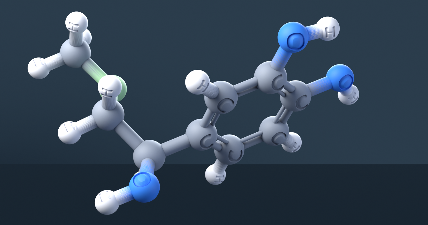 Epinephrine (CAS 51-43-4), C9H13NO3 - 3D ball-and-stick molecular model, engraved element symbols (C H N O), MolGod STL preview Epinephrine (CAS 51-43-4), C9H13NO3 - 3D ball-and-stick molecular model, engraved element symbols (C H N O), MolGod STL preview