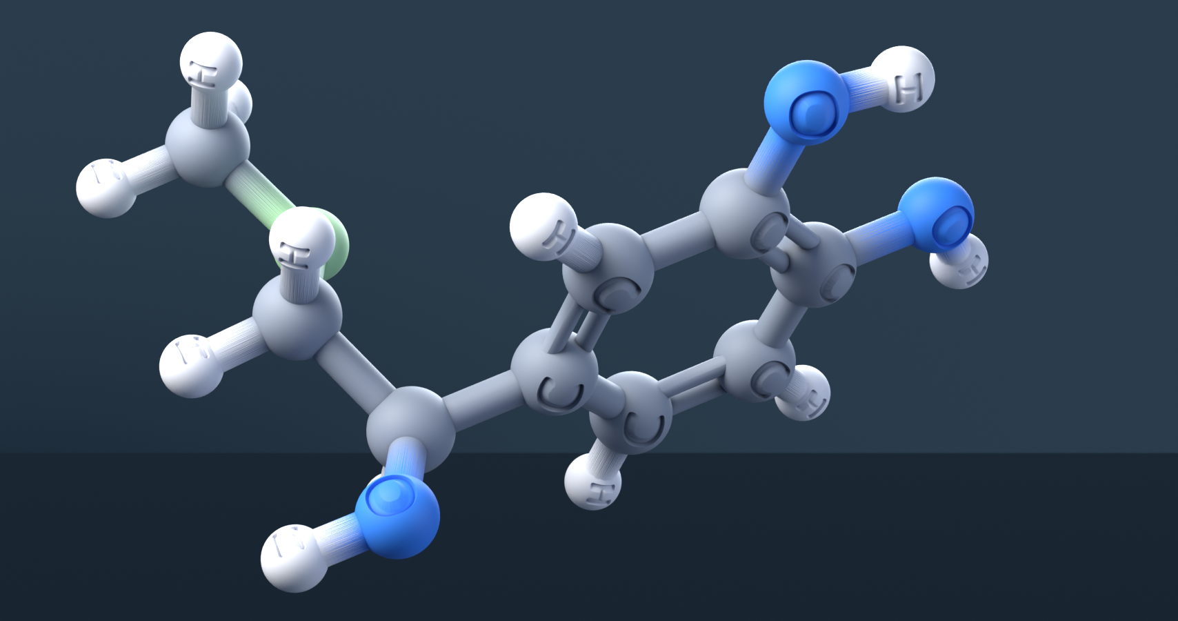 Epinephrine (CAS 51-43-4), C9H13NO3 - 3D ball-and-stick molecular model, engraved element symbols (C H N O), MolGod STL preview Epinephrine (CAS 51-43-4), C9H13NO3 - 3D ball-and-stick molecular model, engraved element symbols (C H N O), MolGod STL preview