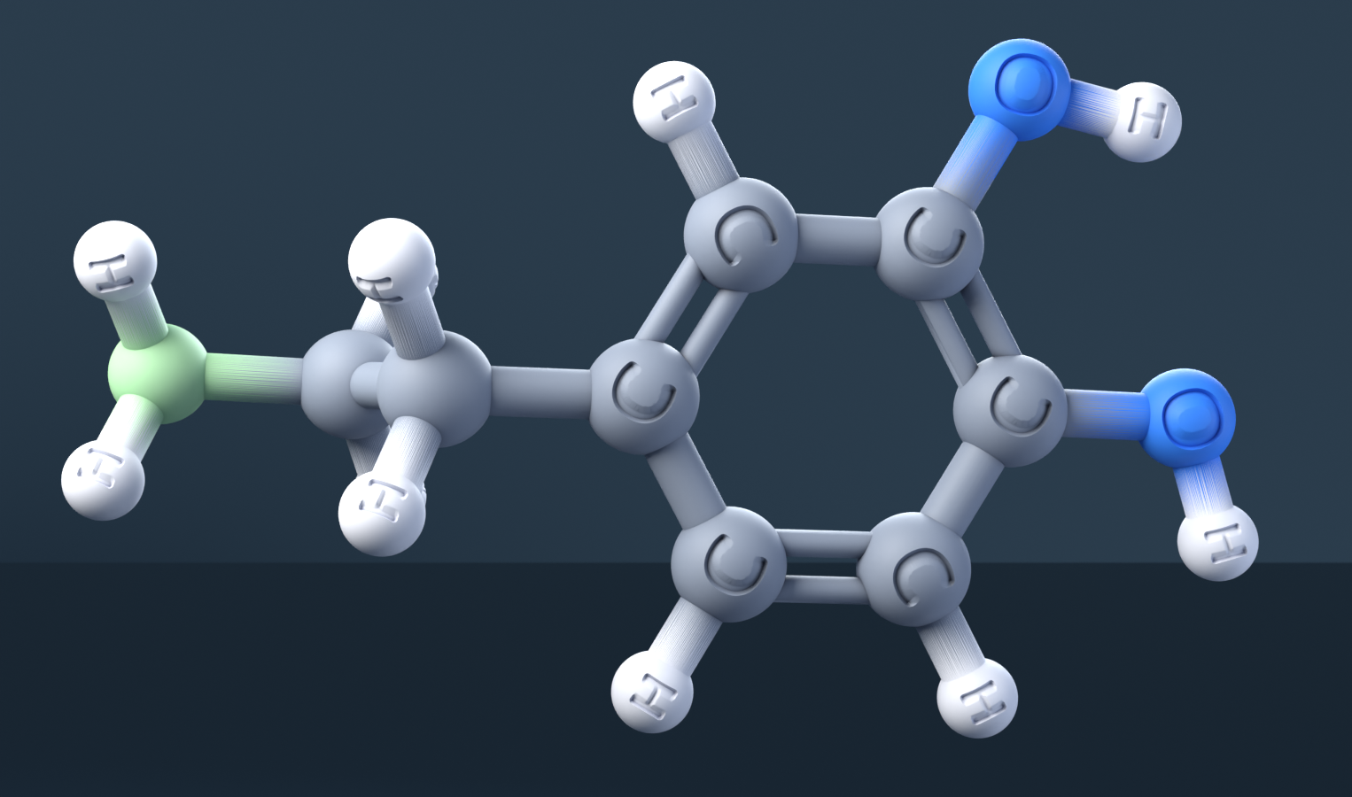 Dopamine (CAS 51-61-6), C8H11NO2 - 3D ball-and-stick molecular model, engraved element symbols (C H N O), MolGod STL preview Dopamine (CAS 51-61-6), C8H11NO2 - 3D ball-and-stick molecular model, engraved element symbols (C H N O), MolGod STL preview
