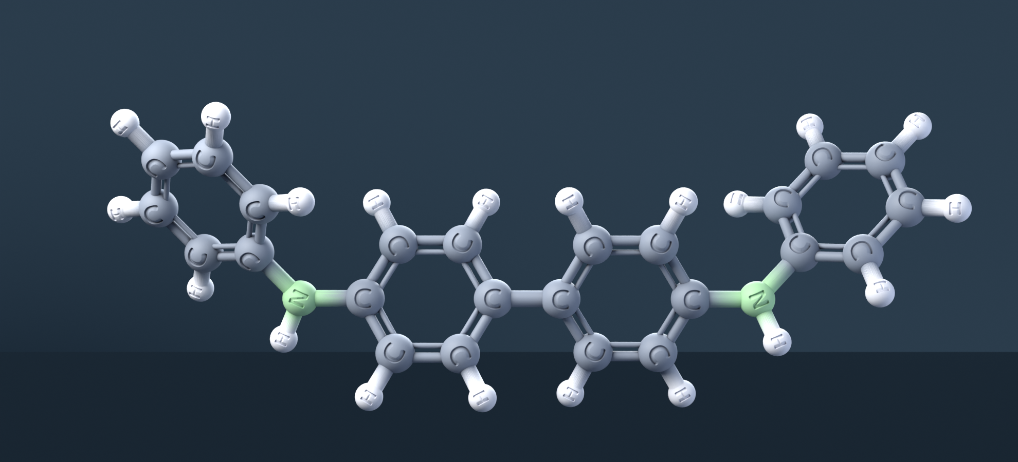 N,N'-Diphenylbenzidine (CAS 531-91-9), C24H20N2 - 3D ball-and-stick molecular model, engraved element symbols (C H N), MolGod STL preview N,N'-Diphenylbenzidine (CAS 531-91-9), C24H20N2 - 3D ball-and-stick molecular model, engraved element symbols (C H N), MolGod STL preview