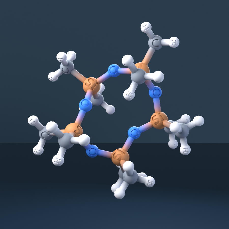 Decamethylcyclopentasiloxane (CAS 541-02-6), C10H30O5Si5 - 3D ball-and-stick molecular model, engraved element symbols (C H O Si), MolGod STL preview Decamethylcyclopentasiloxane (CAS 541-02-6), C10H30O5Si5 - 3D ball-and-stick molecular model, engraved element symbols (C H O Si), MolGod STL preview