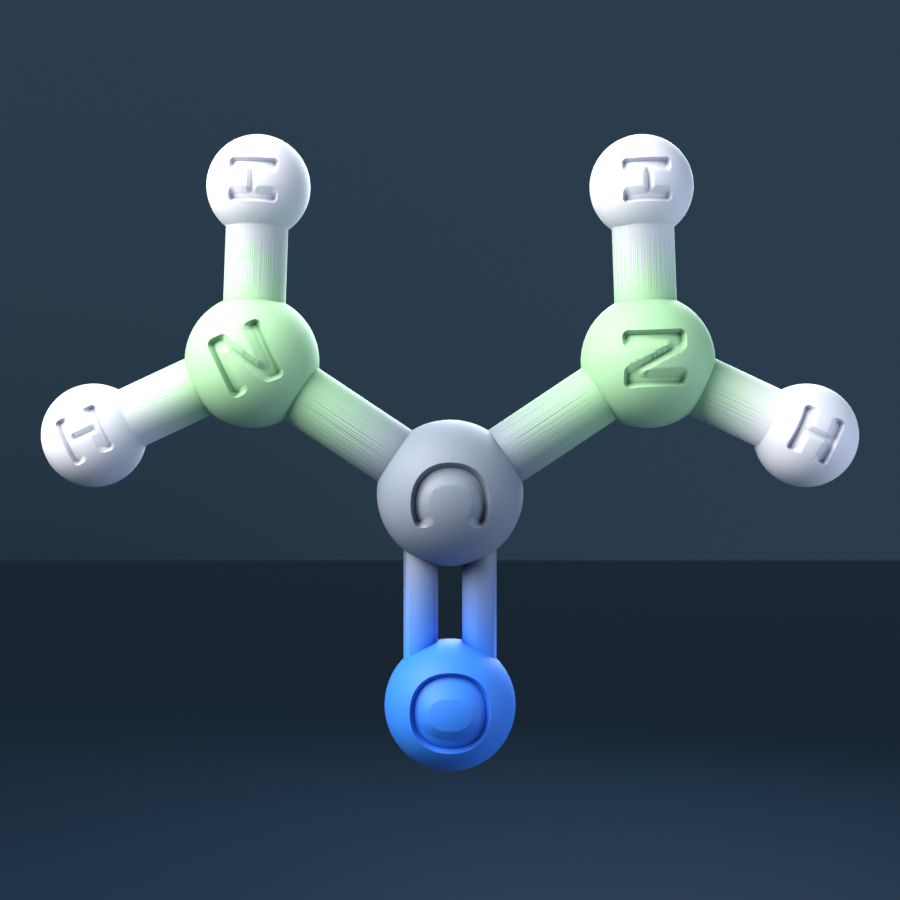 Urea (CAS 57-13-6), CH4N2O - 3D ball-and-stick molecular model, engraved element symbols (C H N O), MolGod STL preview Urea (CAS 57-13-6), CH4N2O - 3D ball-and-stick molecular model, engraved element symbols (C H N O), MolGod STL preview
