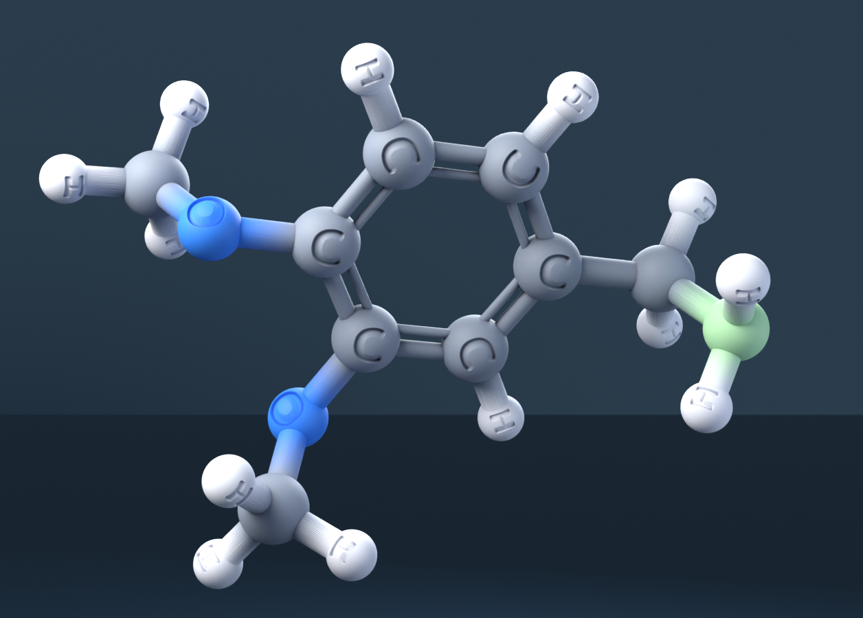 Veratrylamine (CAS 5763-61-1), C9H13NO2 - 3D ball-and-stick molecular model, engraved element symbols (C H N O), MolGod STL preview Veratrylamine (CAS 5763-61-1), C9H13NO2 - 3D ball-and-stick molecular model, engraved element symbols (C H N O), MolGod STL preview