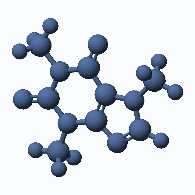 Standard single-colour ball-and-stick model of caffeine: 24 identical spheres, carbon, hydrogen, nitrogen and oxygen cannot be told apart