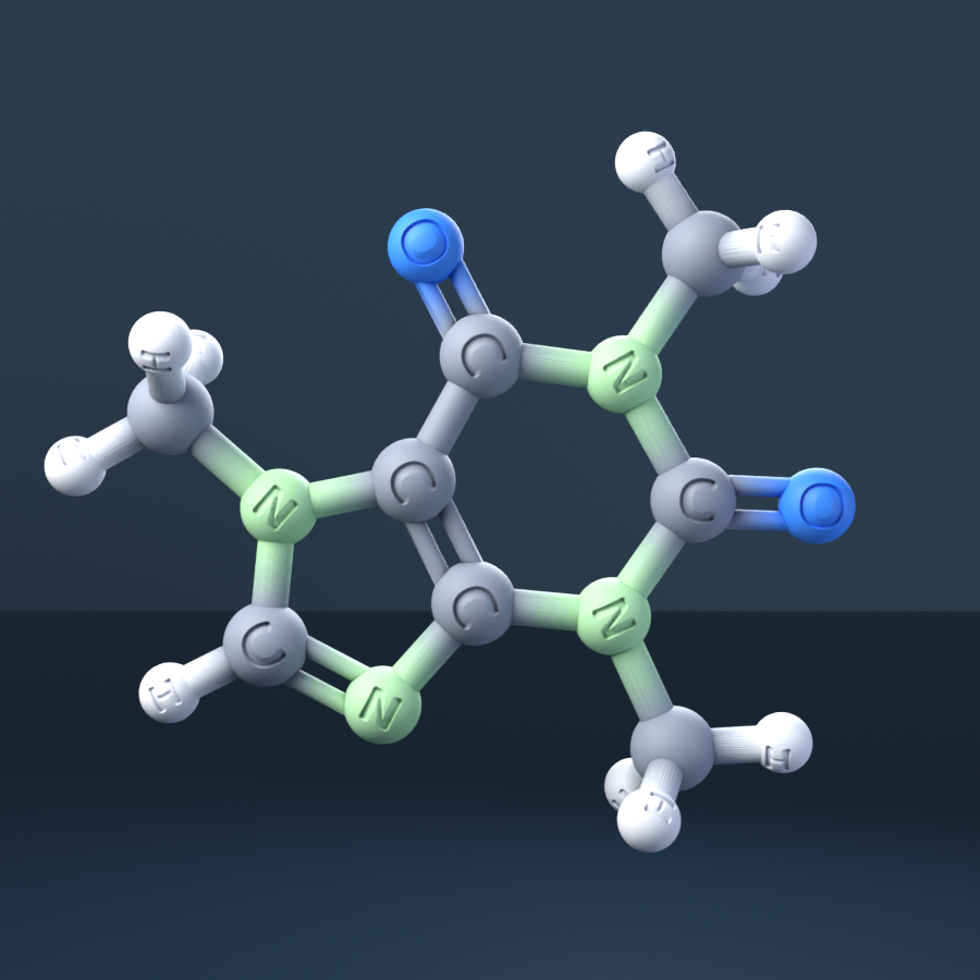 Engraved ball-and-stick model of caffeine: every sphere carries its element symbol C, H, N or O