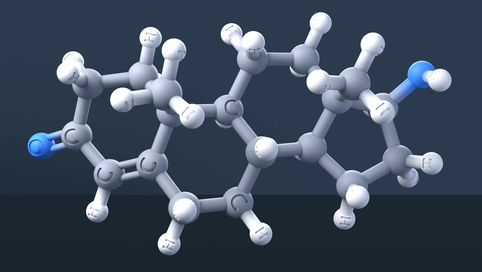 Testosterone (CAS 58-22-0), C19H28O2 - 3D ball-and-stick molecular model, engraved element symbols (C H O), MolGod STL preview Testosterone (CAS 58-22-0), C19H28O2 - 3D ball-and-stick molecular model, engraved element symbols (C H O), MolGod STL preview