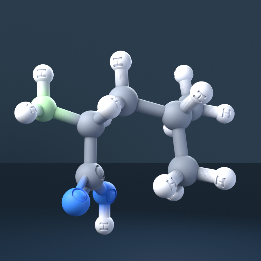 L-Leucine (CAS 61-90-5), C6H13NO2 - 3D ball-and-stick molecular model, engraved element symbols (C H N O), MolGod STL preview L-Leucine (CAS 61-90-5), C6H13NO2 - 3D ball-and-stick molecular model, engraved element symbols (C H N O), MolGod STL preview