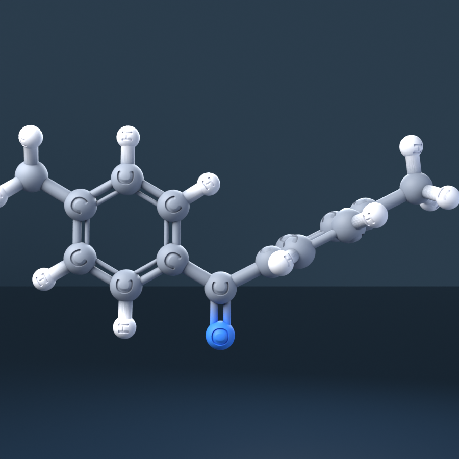 4,4'-Dimethylbenzophenone (CAS 611-97-2), C15H14O - 3D ball-and-stick molecular model, engraved element symbols (C H O), MolGod STL preview 4,4'-Dimethylbenzophenone (CAS 611-97-2), C15H14O - 3D ball-and-stick molecular model, engraved element symbols (C H O), MolGod STL preview