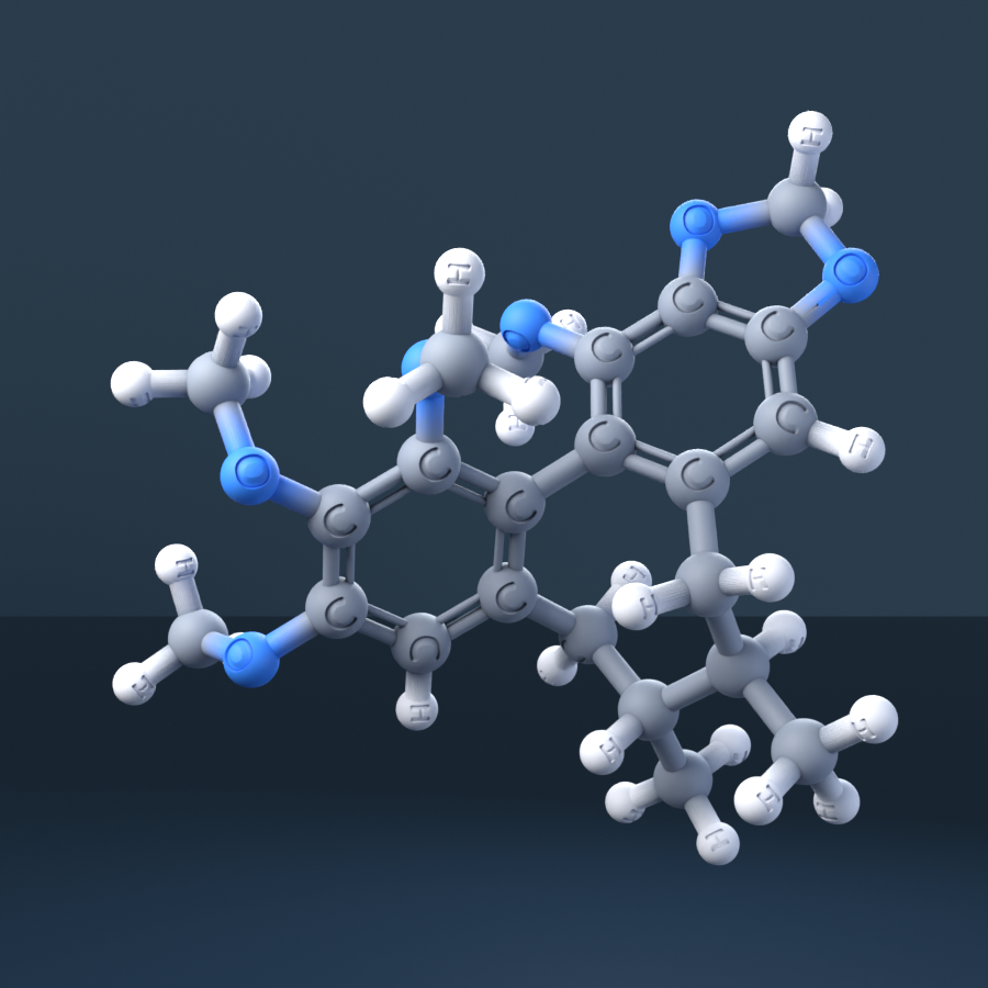 Schisandrin B (CAS 61281-37-6), C23H28O6 - 3D ball-and-stick molecular model, engraved element symbols (C H O), MolGod STL preview Schisandrin B (CAS 61281-37-6), C23H28O6 - 3D ball-and-stick molecular model, engraved element symbols (C H O), MolGod STL preview