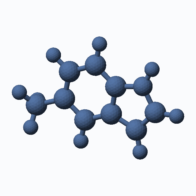 5-Methylindole (CAS 614-96-0), C9H9N - 3D ball-and-stick molecular model, MolGod STL preview 5-Methylindole (CAS 614-96-0), C9H9N - 3D ball-and-stick molecular model, MolGod STL preview