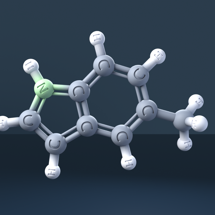 5-Methylindole (CAS 614-96-0), C9H9N - 3D ball-and-stick molecular model, engraved element symbols (C H N), MolGod STL preview 5-Methylindole (CAS 614-96-0), C9H9N - 3D ball-and-stick molecular model, engraved element symbols (C H N), MolGod STL preview