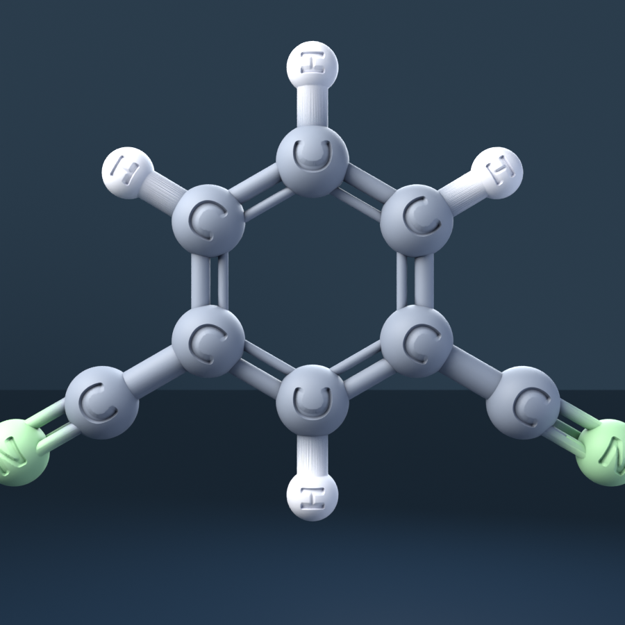 Isophthalonitrile (CAS 626-17-5), C8H4N2 - 3D ball-and-stick molecular model, engraved element symbols (C H N), MolGod STL preview Isophthalonitrile (CAS 626-17-5), C8H4N2 - 3D ball-and-stick molecular model, engraved element symbols (C H N), MolGod STL preview