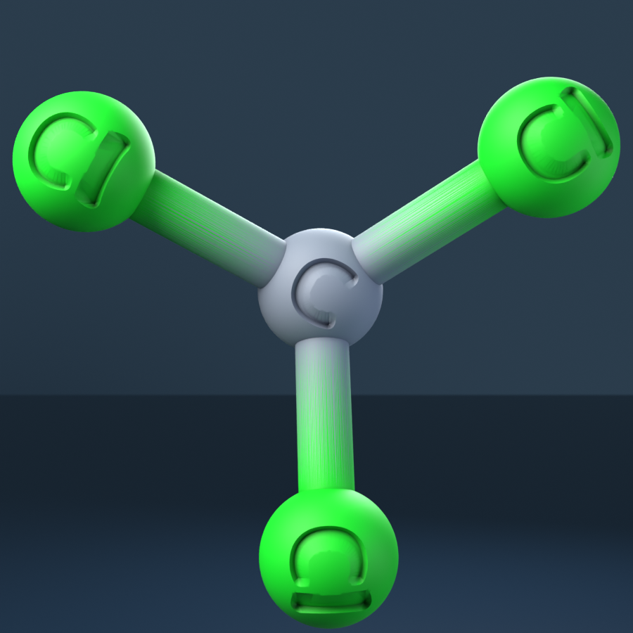 Chloroform (CAS 67-66-3), CHCl3 - 3D ball-and-stick molecular model, engraved element symbols (C H Cl), MolGod STL preview Chloroform (CAS 67-66-3), CHCl3 - 3D ball-and-stick molecular model, engraved element symbols (C H Cl), MolGod STL preview