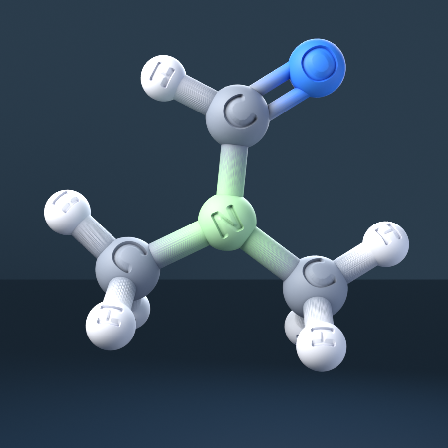 Dimethylformamide (CAS 68-12-2), C3H7NO - 3D ball-and-stick molecular model, engraved element symbols (C H N O), MolGod STL preview Dimethylformamide (CAS 68-12-2), C3H7NO - 3D ball-and-stick molecular model, engraved element symbols (C H N O), MolGod STL preview
