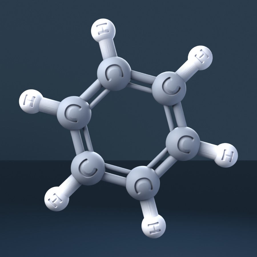 benzene (CAS 71-43-2), C6H6 - 3D ball-and-stick molecular model, engraved element symbols (C H), MolGod STL preview benzene (CAS 71-43-2), C6H6 - 3D ball-and-stick molecular model, engraved element symbols (C H), MolGod STL preview
