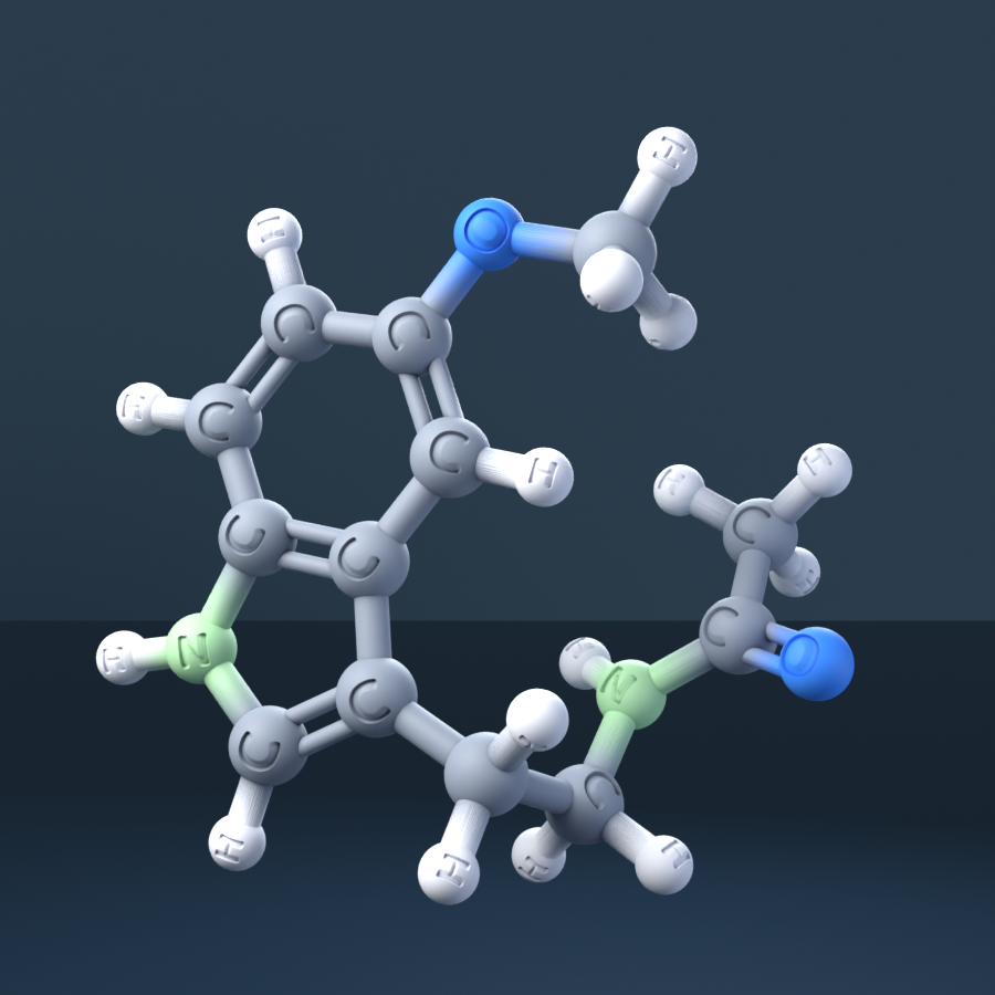 Melatonin (CAS 73-31-4), C13H16N2O2 - 3D ball-and-stick molecular model, engraved element symbols (C H N O), MolGod STL preview Melatonin (CAS 73-31-4), C13H16N2O2 - 3D ball-and-stick molecular model, engraved element symbols (C H N O), MolGod STL preview