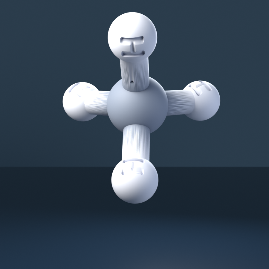 Methane (CAS 74-82-8), CH4 - 3D ball-and-stick molecular model, engraved element symbols (C H), MolGod STL preview Methane (CAS 74-82-8), CH4 - 3D ball-and-stick molecular model, engraved element symbols (C H), MolGod STL preview