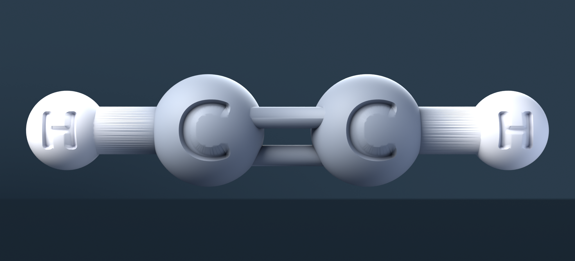 acetylene (CAS 74-86-2), C2H2 - 3D ball-and-stick molecular model, engraved element symbols (C H), MolGod STL preview acetylene (CAS 74-86-2), C2H2 - 3D ball-and-stick molecular model, engraved element symbols (C H), MolGod STL preview