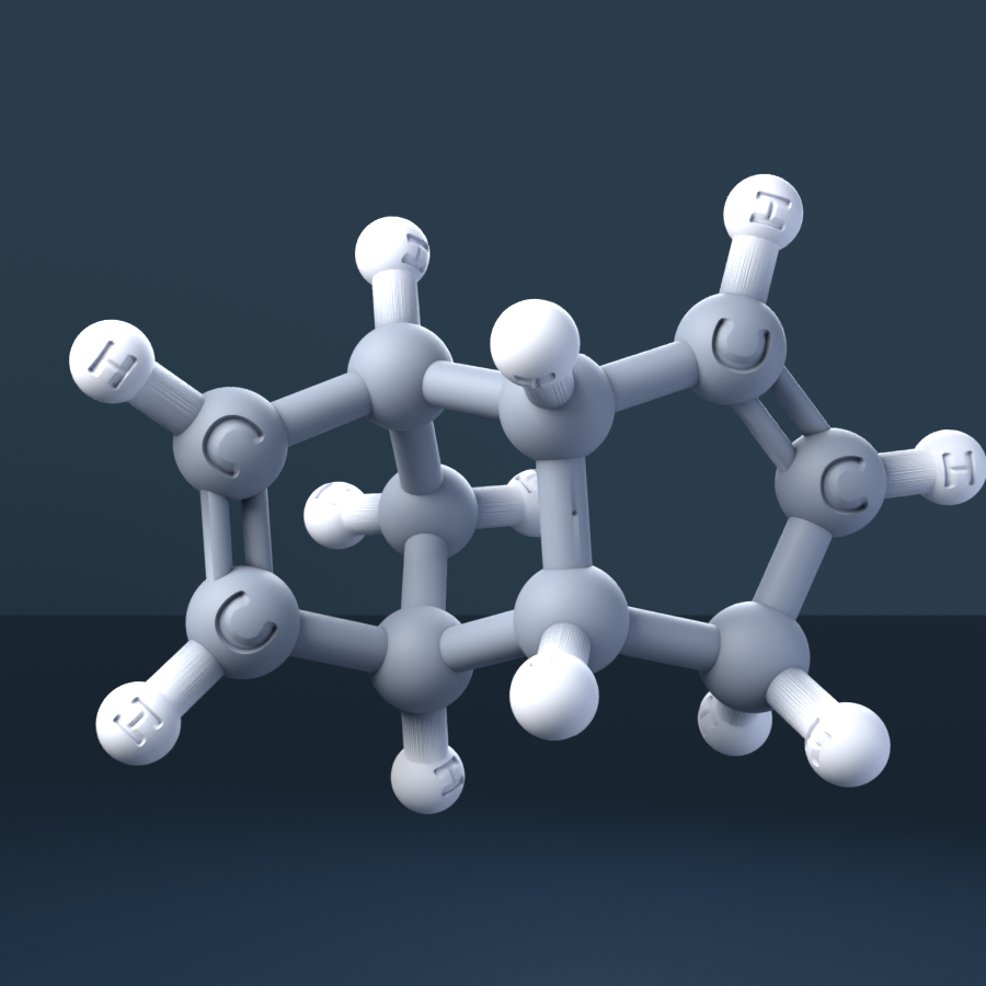 Dicyclopentadiene (CAS 77-73-6), C10H12 - 3D ball-and-stick molecular model, engraved element symbols (C H), MolGod STL preview Dicyclopentadiene (CAS 77-73-6), C10H12 - 3D ball-and-stick molecular model, engraved element symbols (C H), MolGod STL preview