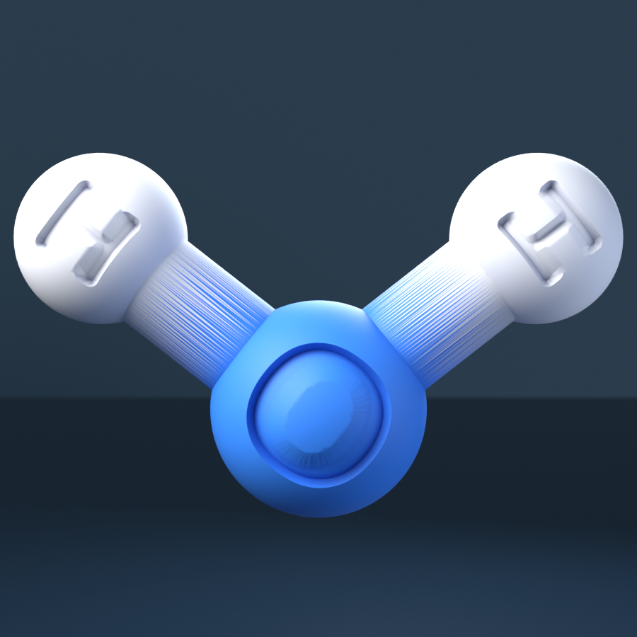 Water (CAS 7732-18-5), H₂O - 3D ball-and-stick molecular model, engraved element symbols (H O), MolGod STL preview Water (CAS 7732-18-5), H₂O - 3D ball-and-stick molecular model, engraved element symbols (H O), MolGod STL preview