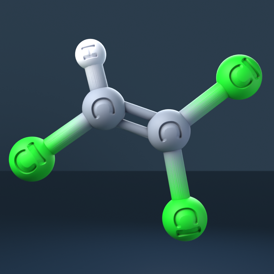Trichloroethylene (CAS 79-01-6), C2HCl3 - 3D ball-and-stick molecular model, engraved element symbols (C H Cl), MolGod STL preview Trichloroethylene (CAS 79-01-6), C2HCl3 - 3D ball-and-stick molecular model, engraved element symbols (C H Cl), MolGod STL preview