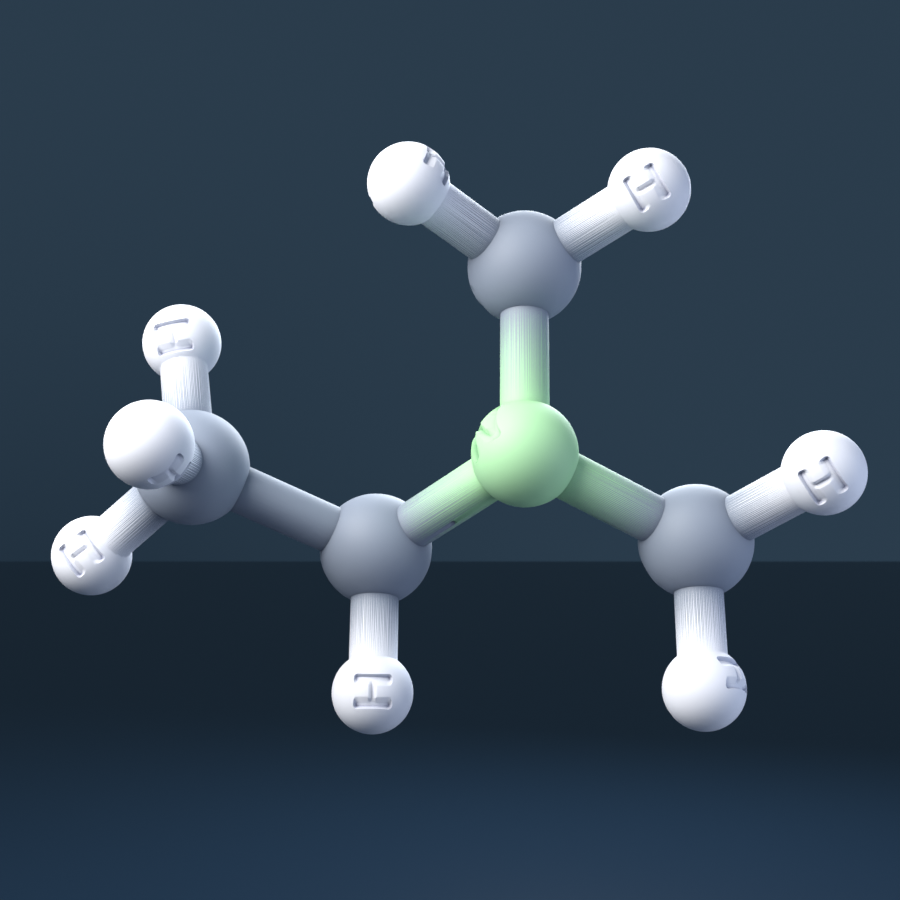 Dimethylethylamine (CAS 84649-84-3), C4H11N - 3D ball-and-stick molecular model, engraved element symbols (C H N), MolGod STL preview Dimethylethylamine (CAS 84649-84-3), C4H11N - 3D ball-and-stick molecular model, engraved element symbols (C H N), MolGod STL preview