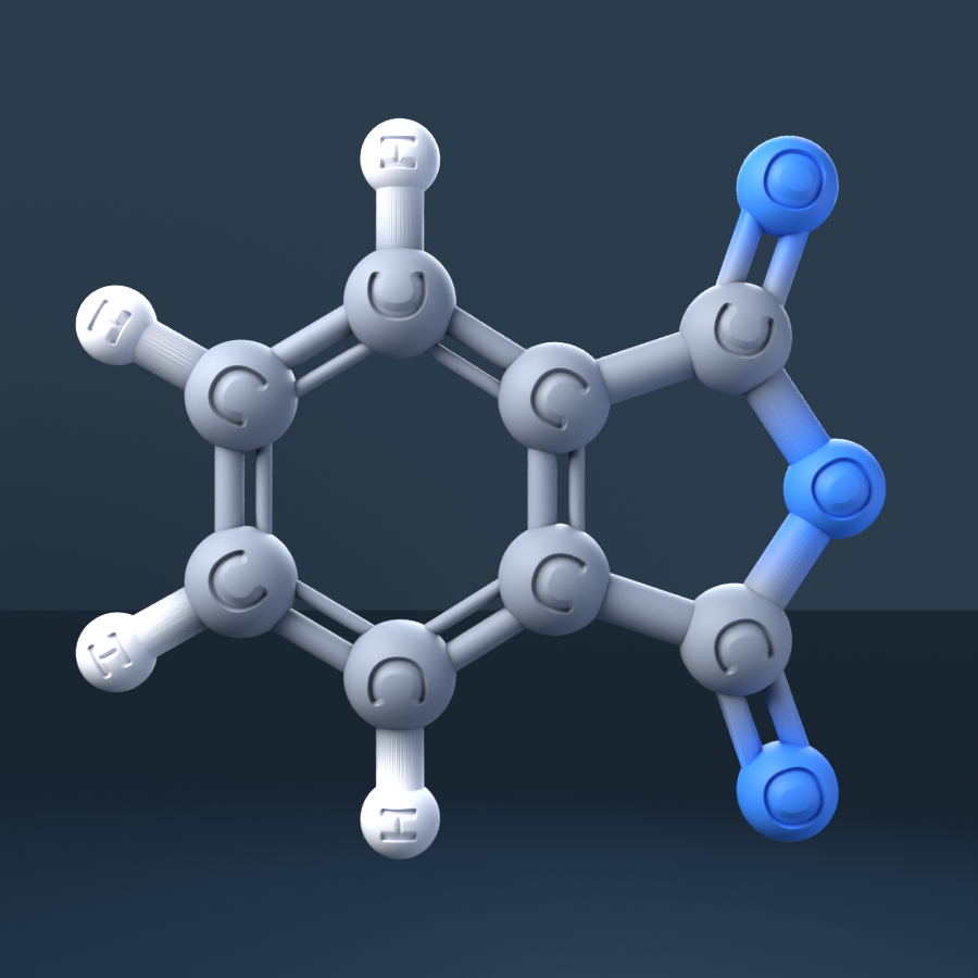 Phthalic Anhydride (CAS 85-44-9), C8H4O3 - 3D ball-and-stick molecular model, engraved element symbols (C H O), MolGod STL preview Phthalic Anhydride (CAS 85-44-9), C8H4O3 - 3D ball-and-stick molecular model, engraved element symbols (C H O), MolGod STL preview