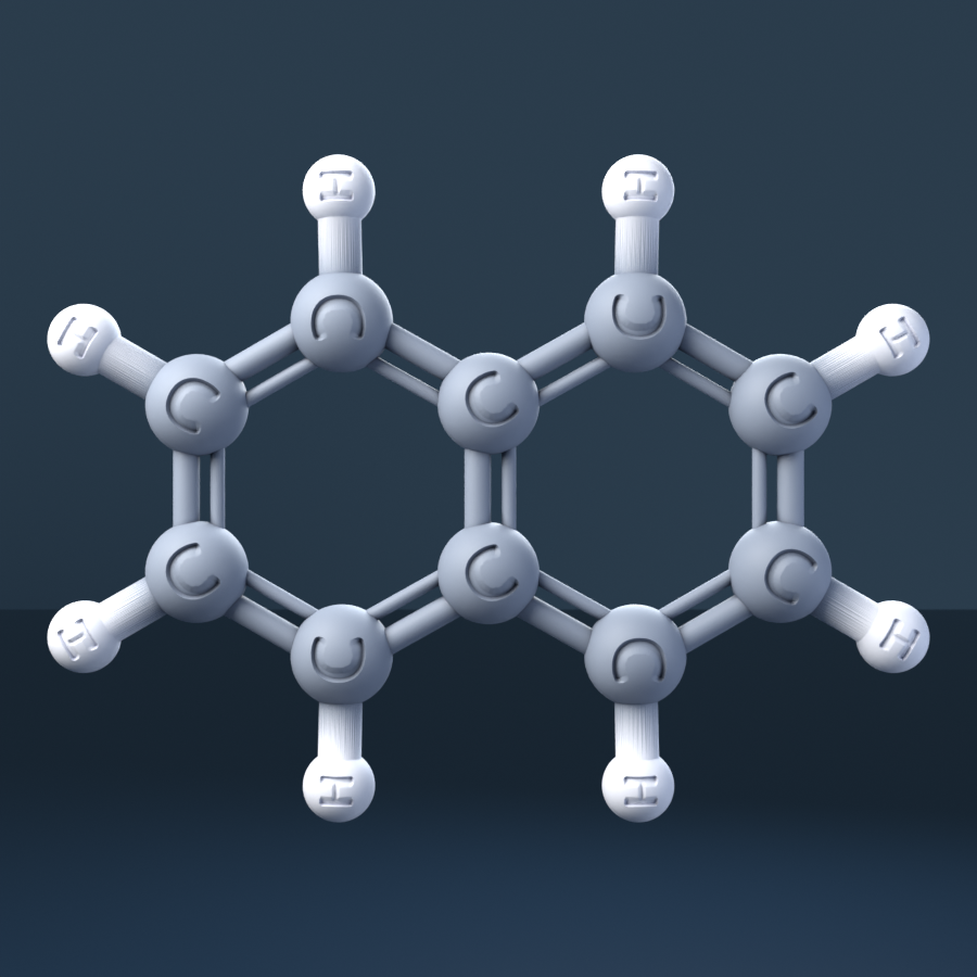 Naphthalene (CAS 91-20-3), C10H8 - 3D ball-and-stick molecular model, engraved element symbols (C H), MolGod STL preview Naphthalene (CAS 91-20-3), C10H8 - 3D ball-and-stick molecular model, engraved element symbols (C H), MolGod STL preview