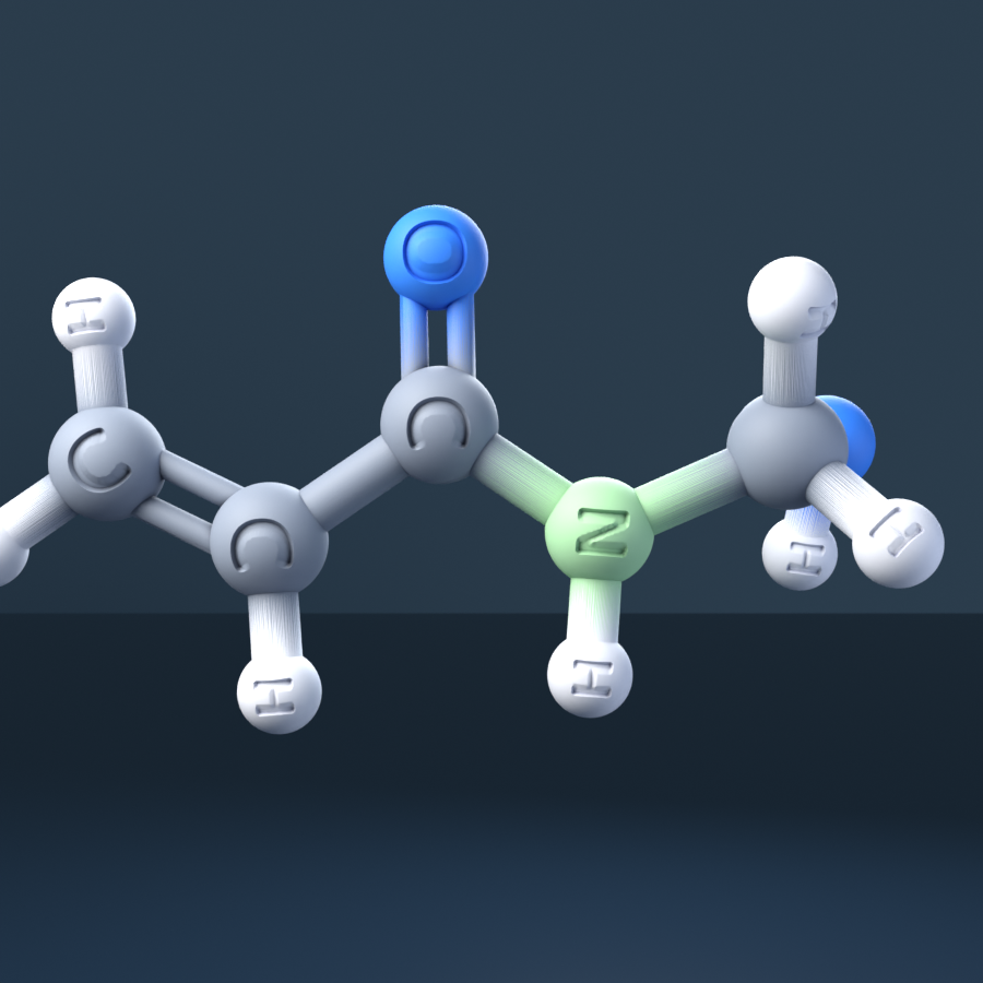 N-Methylolacrylamide (CAS 924-42-5), C4H7NO2 - 3D ball-and-stick molecular model, engraved element symbols (C H N O), MolGod STL preview N-Methylolacrylamide (CAS 924-42-5), C4H7NO2 - 3D ball-and-stick molecular model, engraved element symbols (C H N O), MolGod STL preview
