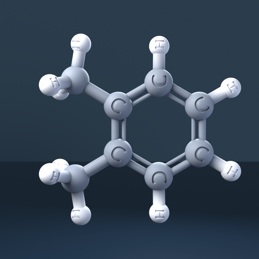 O-Xylene (CAS 95-47-6), C8H10 - 3D ball-and-stick molecular model, engraved element symbols (C H), MolGod STL preview O-Xylene (CAS 95-47-6), C8H10 - 3D ball-and-stick molecular model, engraved element symbols (C H), MolGod STL preview