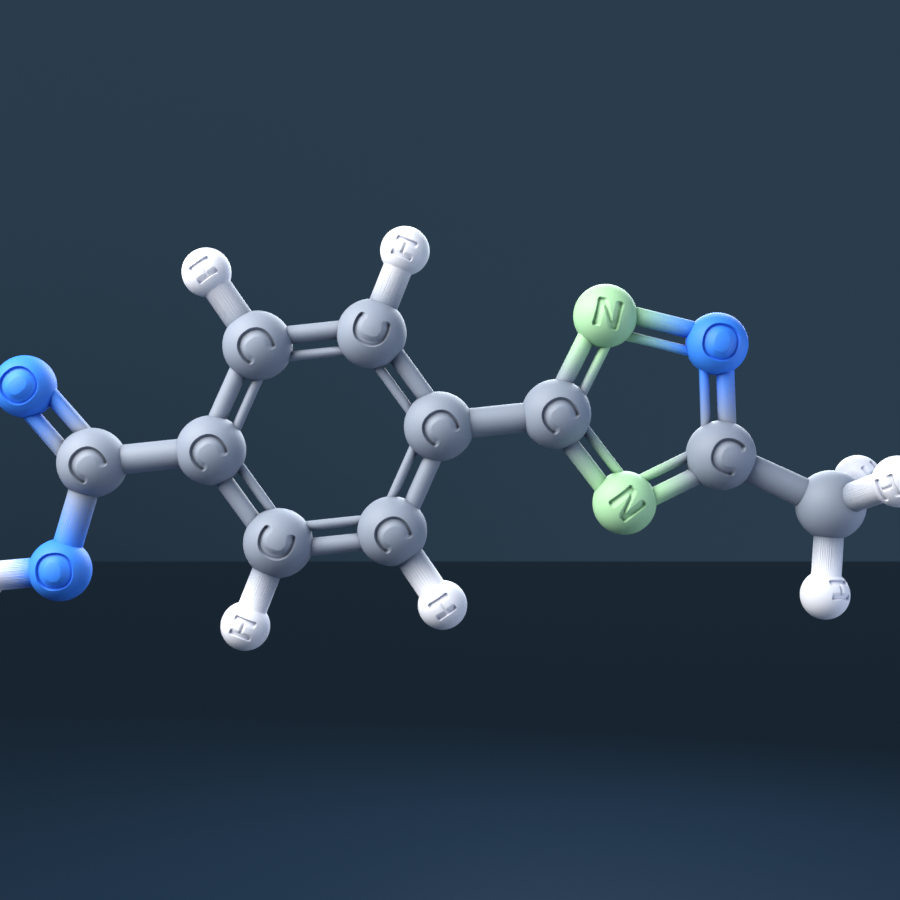 4-(5-Methyl-1,2,4-oxadiazol-3-yl)benzoic acid (CAS 95124-68-8), C10H8N2O3 - 3D ball-and-stick molecular model, engraved element symbols (C H N O), MolGod STL preview 4-(5-Methyl-1,2,4-oxadiazol-3-yl)benzoic acid (CAS 95124-68-8), C10H8N2O3 - 3D ball-and-stick molecular model, engraved element symbols (C H N O), MolGod STL preview