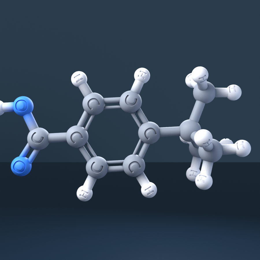 4-tert-Butylbenzoic acid (CAS 98-73-7), C11H14O2 - 3D ball-and-stick molecular model, engraved element symbols (C H O), MolGod STL preview 4-tert-Butylbenzoic acid (CAS 98-73-7), C11H14O2 - 3D ball-and-stick molecular model, engraved element symbols (C H O), MolGod STL preview